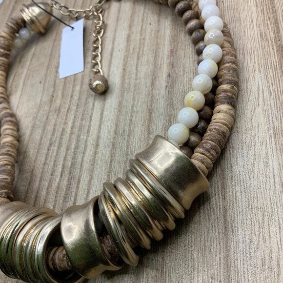 Chico's NWT Beaded Neutral Gold Tone Ring Bib Necklace - Picture 1 of 8